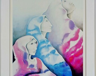 Contemporary Modern Framed Lithograph Signed Nora Patrich Veiled Woman 1980s