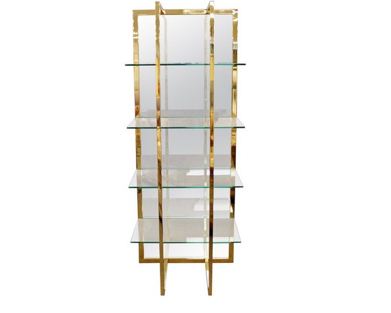 Mid Century Modern Brass Mirror Glass Shelving Unit Baughman Style 1970s 4 Shelf