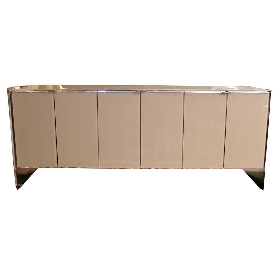 Contemporary Modern Ello Mirrored Glass Curved Chrome Credenza