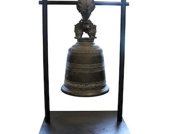 Antique Ornate Bronze Buddhist Temple Karma Bell on Stand