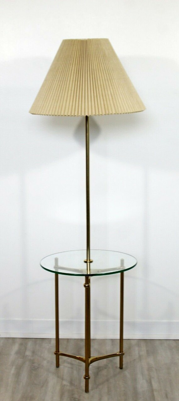 Mid Century Modern Laurel Brass Glass Tripod Floor Lamp Table 1970s Orig Shade