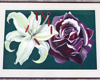 Mid Century Modern Framed Lowell Nesbitt Hand Signed Lithograph Lily & Rose 70s
