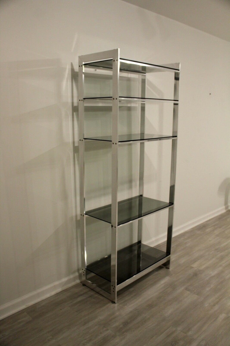 Baughman Style Brushed Steel & Smoked Glass Etagere Shelving Unitetagere imagen 3