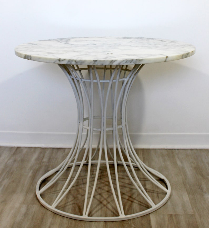 Mid Century Modern Woodard White Patio Table w Marble Top Round 1960s image 2