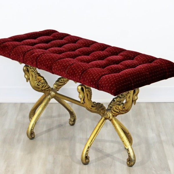 Hollywood Regency Art Deco Style Velvet Gold Gilt Base Bench Seat