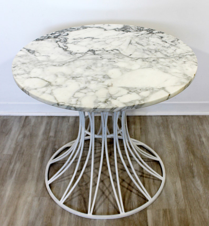 Mid Century Modern Woodard White Patio Table w Marble Top Round 1960s image 3