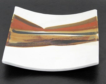 Mid Century Modern Retro Signed Ceramic Art Plate 1960s Brown Orange