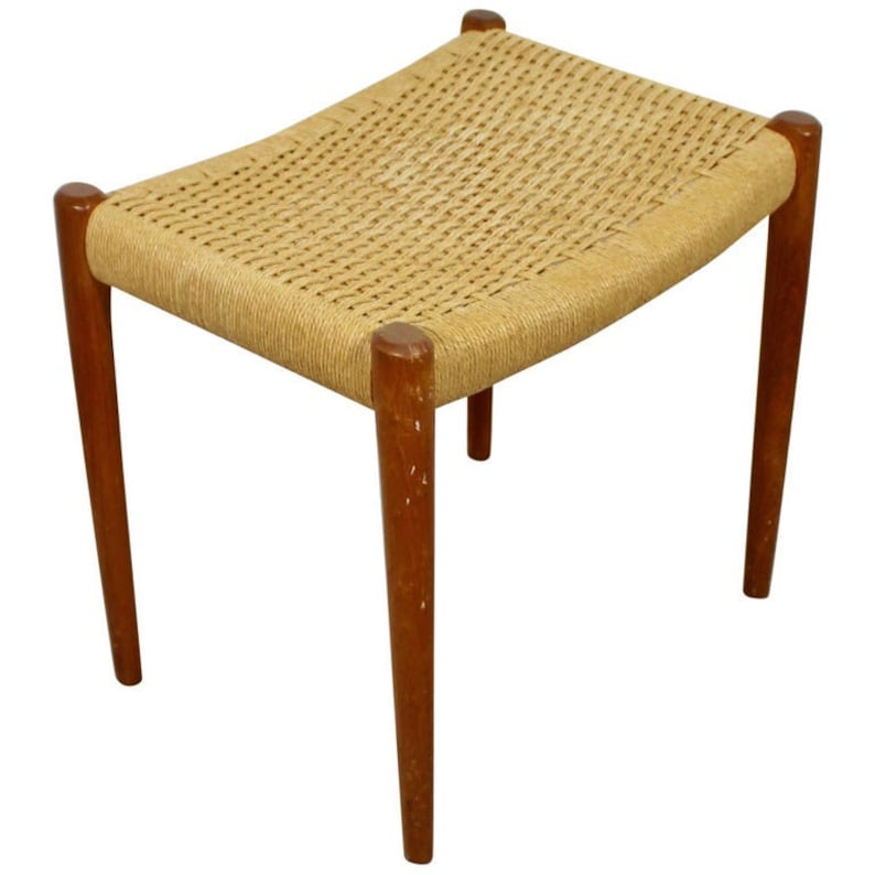 Mid Century Modern Teak Rattan Cord Stool Bench Seat Niels Etsy