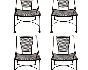 Vintage Set of 4x Black Wrought Iron Salterini / Woodard Style Patio Chairs