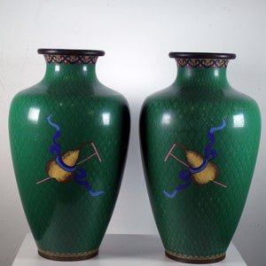 Pair of Chinese Cloisonne Vases Floral Design with Scolls & Gourd Green Art Deco image 3