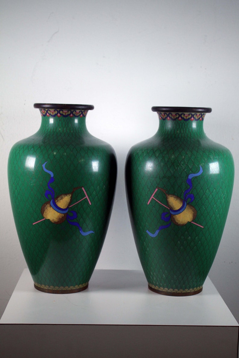 Pair of Chinese Cloisonne Vases Floral Design with Scolls & Gourd Green Art Deco image 3