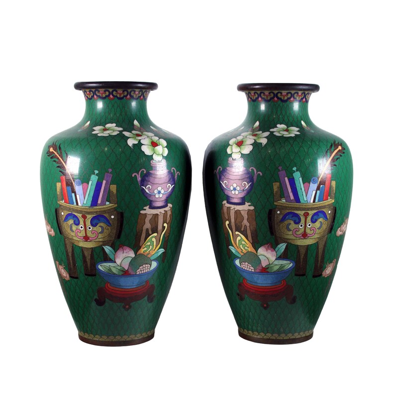 Pair of Chinese Cloisonne Vases Floral Design with Scolls & Gourd Green Art Deco image 1
