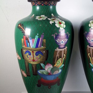 Pair of Chinese Cloisonne Vases Floral Design with Scolls & Gourd Green Art Deco image 2