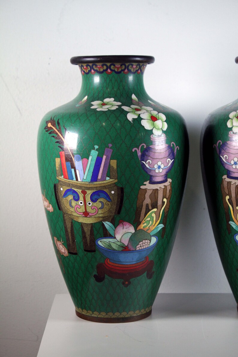 Pair of Chinese Cloisonne Vases Floral Design with Scolls & Gourd Green Art Deco image 2