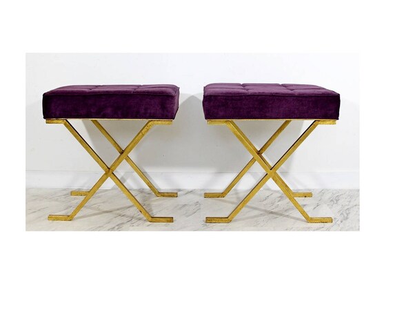 Art Deco Pair Brass Stools Benches Hollywood Regency Jean Etsy