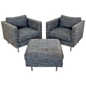 Contemporary Modern Custom Pair of Cube Club Lounge Armchairs & Ottoman 1980s image 1