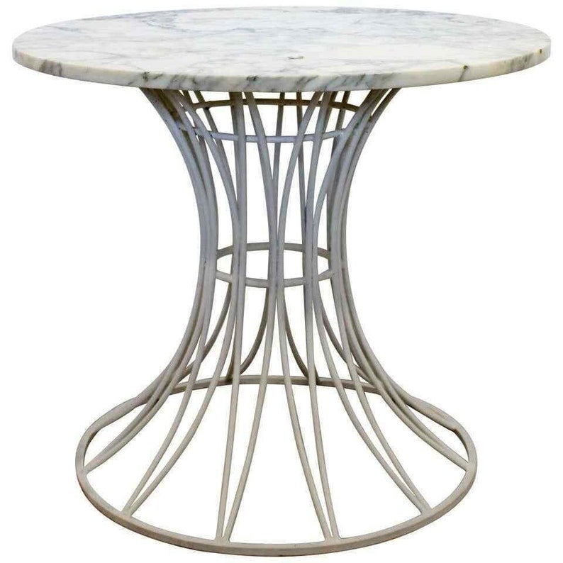 Mid Century Modern Woodard White Patio Table w Marble Top Round 1960s image 1