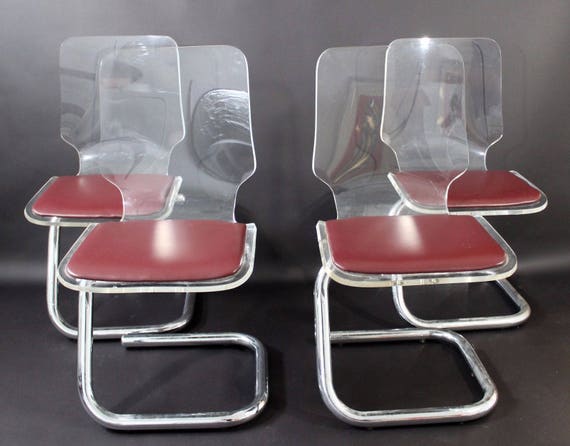 Mid Century Modern Set 4 Lucite Chrome Dining Chairs By Luigi Etsy