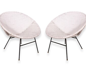Mid Century Modern Pair of White Scoop Rattan Chairs