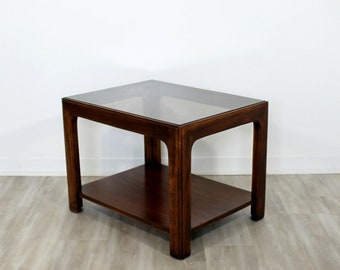 Mid Century Modern Lane Walnut & Smoked Glass Rectangular Side End Table 1960s