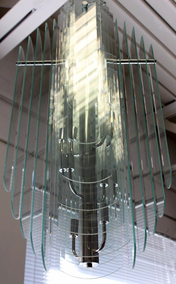 Contemporary Large Tiered Glass Chrome Hanging Ceiling Chandelier By Luminaire