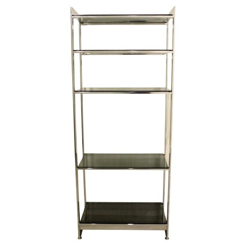 Baughman Style Brushed Steel & Smoked Glass Etagere Shelving Unitetagere imagen 1