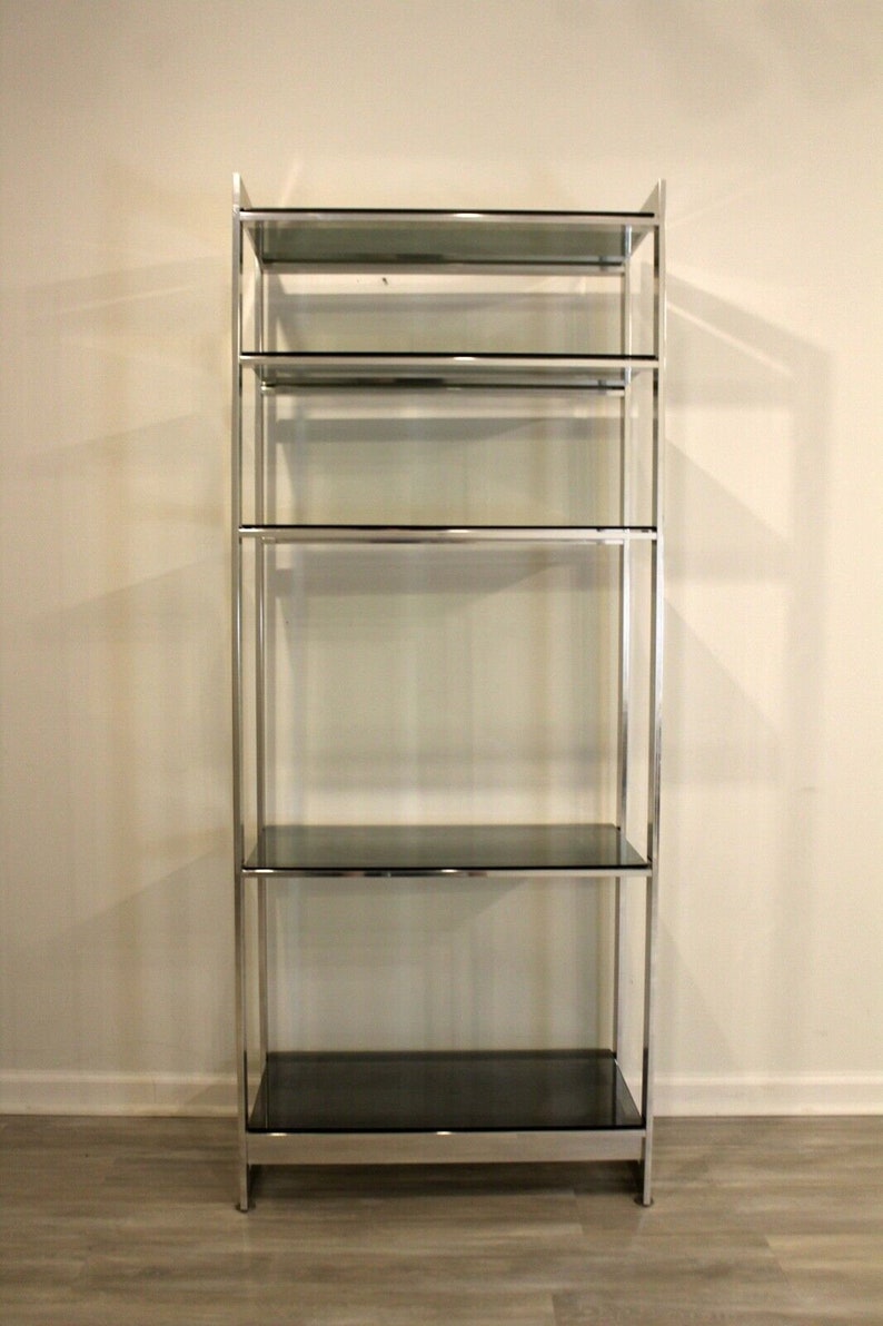 Baughman Style Brushed Steel & Smoked Glass Etagere Shelving Unitetagere imagen 2