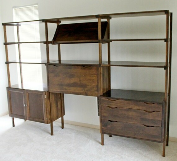 Mid Century Modern Wall Shelving Unit Bookshelf Drop Down Desk Etsy