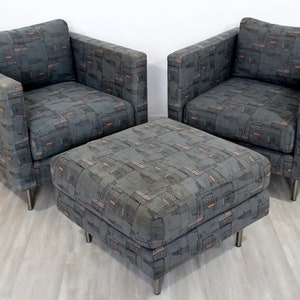 Contemporary Modern Custom Pair of Cube Club Lounge Armchairs & Ottoman 1980s image 5