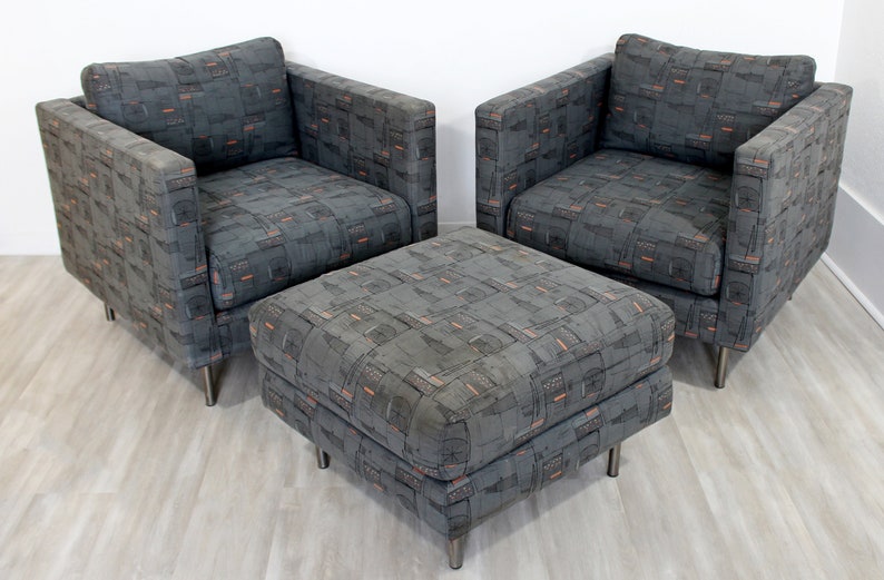 Contemporary Modern Custom Pair of Cube Club Lounge Armchairs & Ottoman 1980s image 5