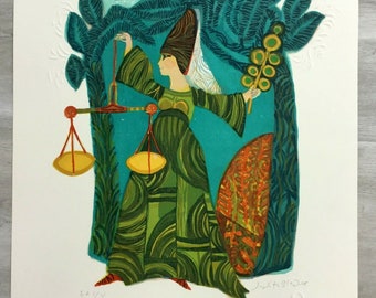 Mid Century Modern Unframed Libra Zodiac Judith Bledsoe Hand Signed Lithograph