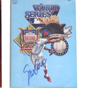 May include: Three vintage World Series program covers. The first is red with gold lettering and a baseball trophy, "World Series 1977". The second is blue with white lettering and a baseball player, "World Series 1981". The third is blue with white lettering and a baseball player, "1988 World Series".