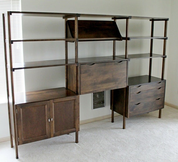 Mid Century Modern Wall Shelving Unit Bookshelf Drop Down Desk Etsy