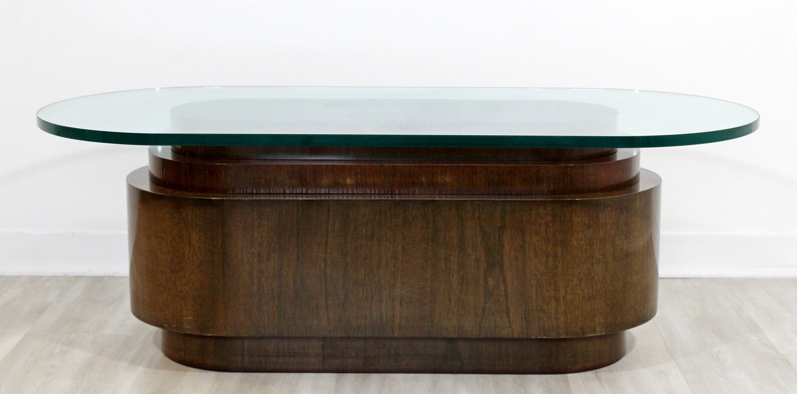Art Deco Style Coffee Table Walnut Veneer Base w Oval Glass Etsy