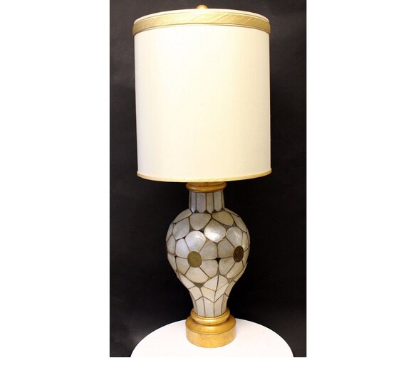Mid Century Modern Rembrandt Capiz Shell Floral Table Lamp Original Shade