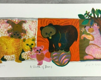 Mid Century Modern Unframed Sloth of Bears Judith Bledsoe Signed Litho