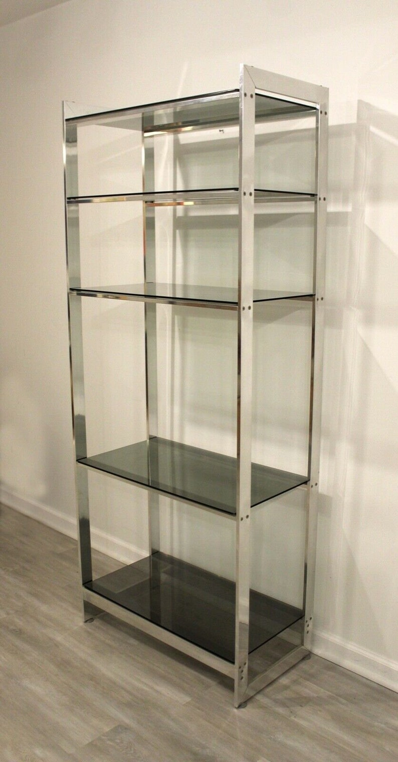 Baughman Style Brushed Steel & Smoked Glass Etagere Shelving Unitetagere imagen 7