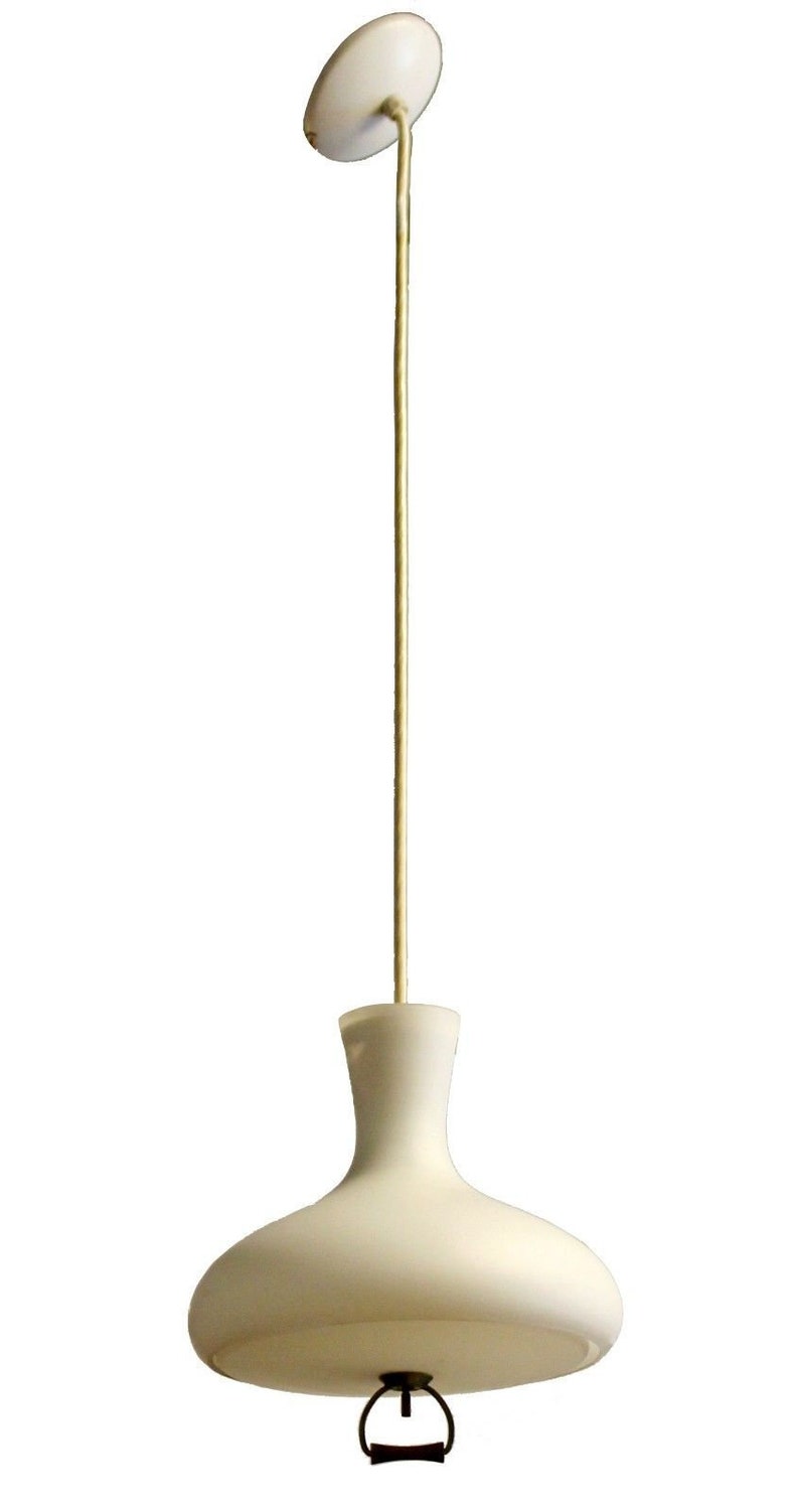 Mid Century Modern Danish Frosted Glass Wood Pendant Ceiling Image 0