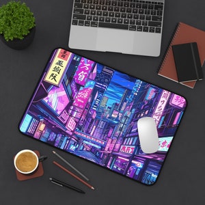 Japanese Urban Anime City Desk Mat, Japanese Anime Desk Pad, Gift for Gamers