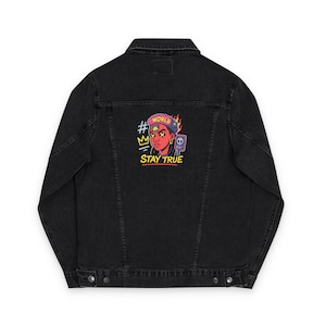 Pop Art Streetwear Denim Jacket - Unisex Embroidered Jean Jacket, Stay True Graffiti Back Design, Urban Fashion Gift, Bold Summer Outerwear