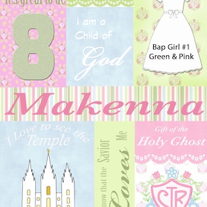 May include: A colorful collage with the name Makenna in pink letters. The collage includes a pink and green floral pattern, a white dress, a temple, and the text "It's great to be Clean, I am a Child of God, Bap Girl #1 Green & Pink, I Love to see the Temple, I Know that the Savior Loves Me, Gift of the Holy Ghost".