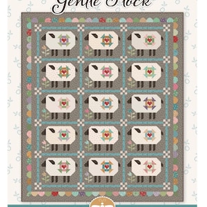 May include: A quilt pattern titled "Gentle Flock" featuring a grid of sheep with heart-shaped centers. The quilt has a gray background with blue and floral accents. Designed by Lori Holt, Bee in my Bonnet Co.