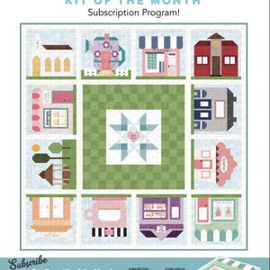 May include: A colorful quilt featuring a town scene with various buildings, including a church, shops, and houses. The quilt is part of the "Our Town Kit of the Month" subscription program. The finished quilt size is 72" x 72".