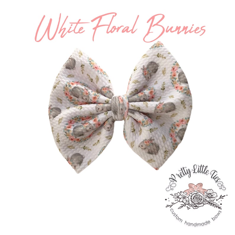 Floral Bow Bullet Fabric Bow Liverpool Bow Messy Bow Fabric Bow White Floral Bunnies