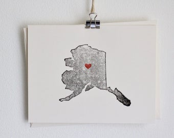 Alaska State Notecard / Heart / Greeting Card / Rustic / Modern / Moving / Thank You / Chic / Handmade / Wedding / Set of Cards / Travel