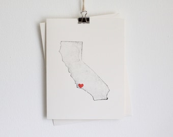 Carte de voeux de l'État de Californie / Coeur en Californie / Cadeau pour elle / Cartes de remerciement / Carte faite main / Carte de mariage / Déménagement en Californie