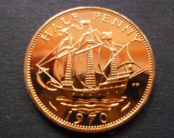 1970 UK Halfpenny Proof Coin: Bronze English Coin in Capsule