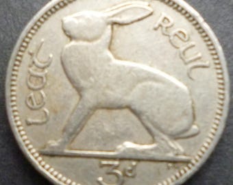 1950 Irish Threepence Coin with Hare & Harp for Crafting