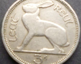 1950 Irish Threepence Coin, Hare & Harp, Craft Jewelry