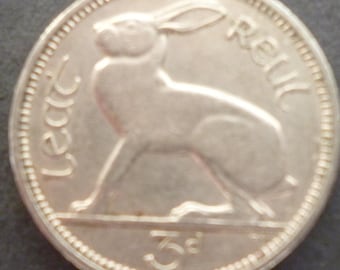 1965年アイルランド3ペンス硬貨：ウサギとハープ、工芸ジュエリー製作